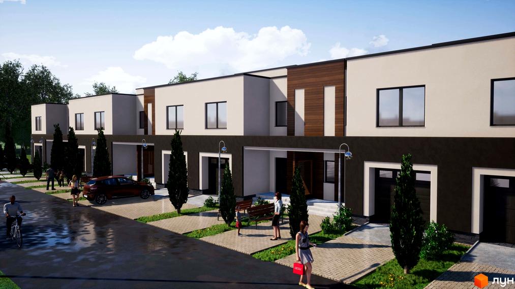 Зображення таунхаусів в житловому комплексі „Паркове містечко“. На фото видно фасади будинків з білими стінами та темними елементами, а також доглянуту прибудинкову територію з деревами та тротуарами.