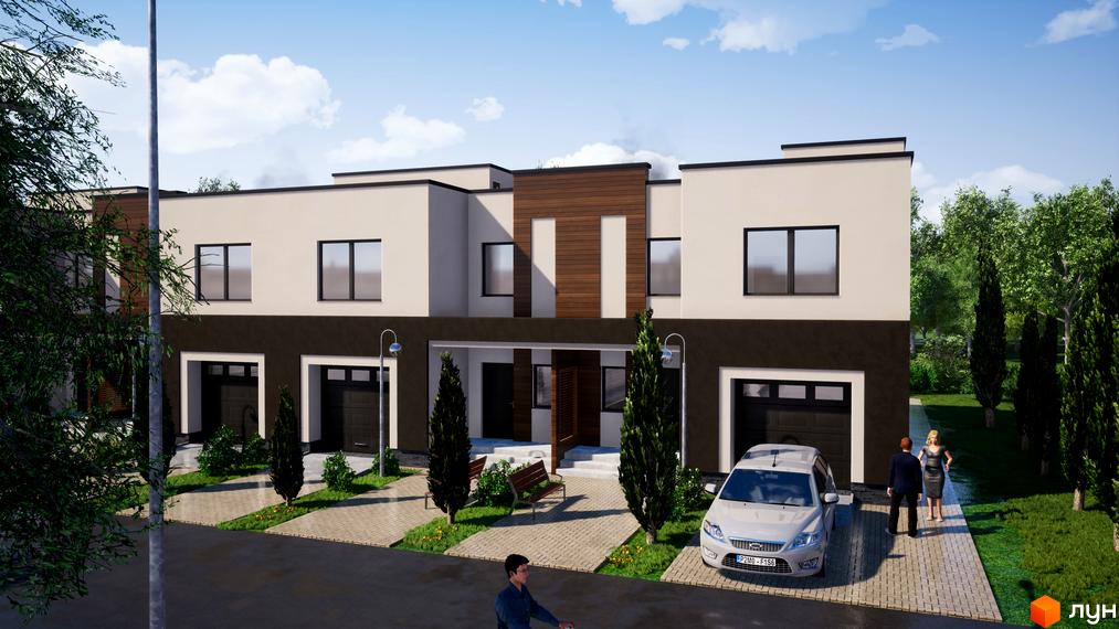 Зовнішній вигляд таунхаусів „Паркове містечко“. На передньому плані — асфальтована дорога та тротуарна плитка, на якій припаркований автомобіль. Поруч з будинком висаджені дерева та кущі.