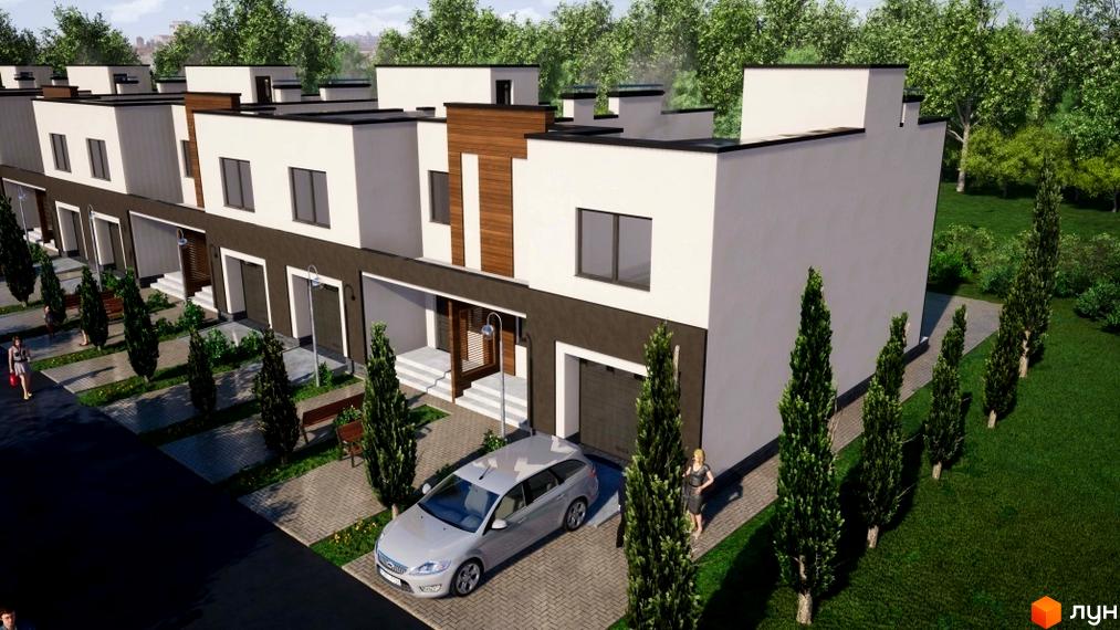 Таунхауси „Паркове містечко“. Зовнішній вигляд будинків з білими фасадами та коричневими елементами. На прибудинковій території є зелені насадження та парковка для автомобілів.