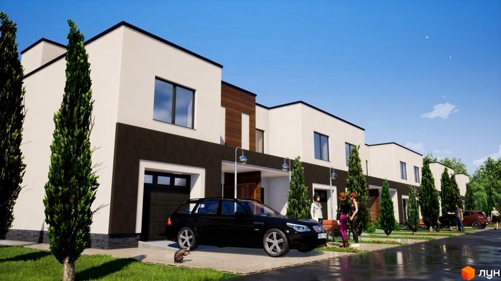 Зображення житлового комплексу таунхаусів. На передньому плані чорний автомобіль біля будинку з білими стінами та темним обрамленням. На території є зелені насадження та люди.