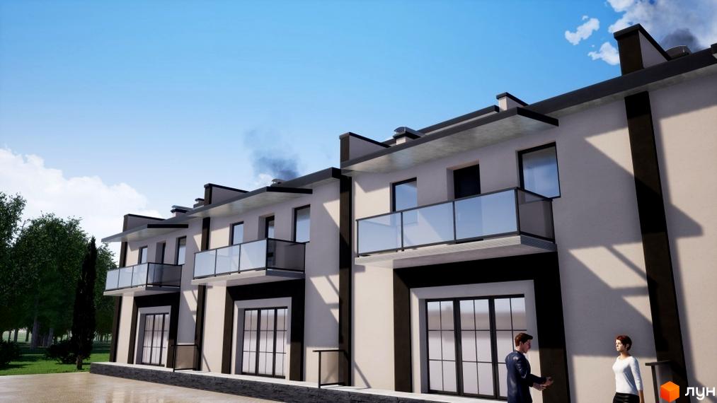 Таунхауси „Паркове містечко“ з панорамними вікнами та балконами. Житловий комплекс з доглянутою прибудинковою територією та зеленими насадженнями.