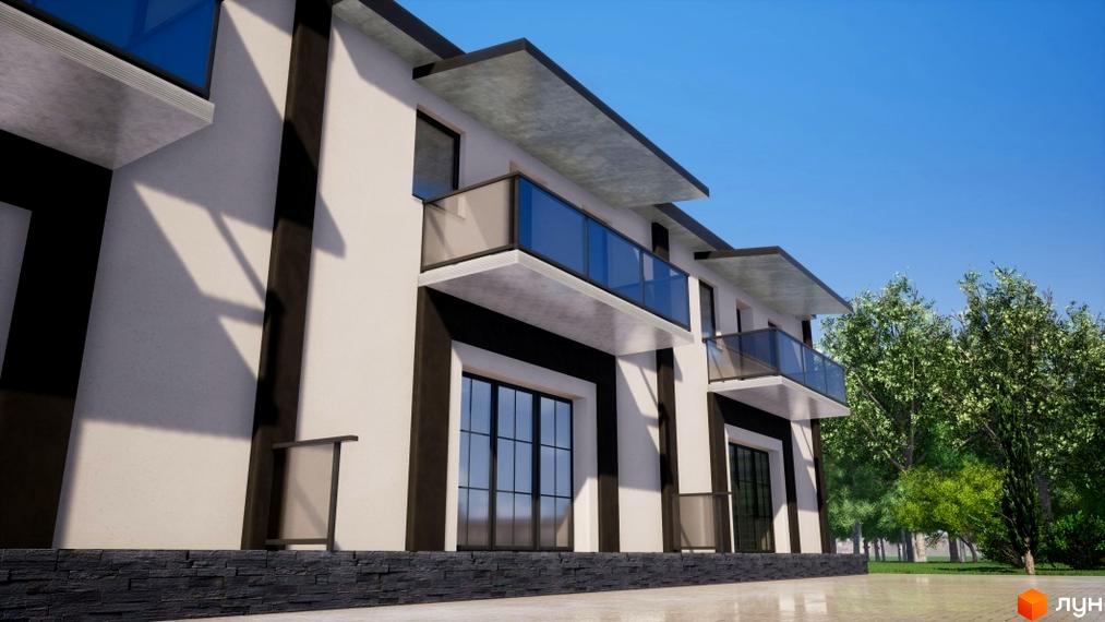 Зовнішній вигляд таунхаусів в житловому комплексі „Паркове містечко“. Будинки з балконами та панорамними вікнами, навколо зелені насадження.