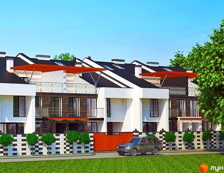 Зображення таунхаусів „Sunset“ з білими фасадами та терасами. На території видно зелену траву, невеликі дерева та автомобіль.
