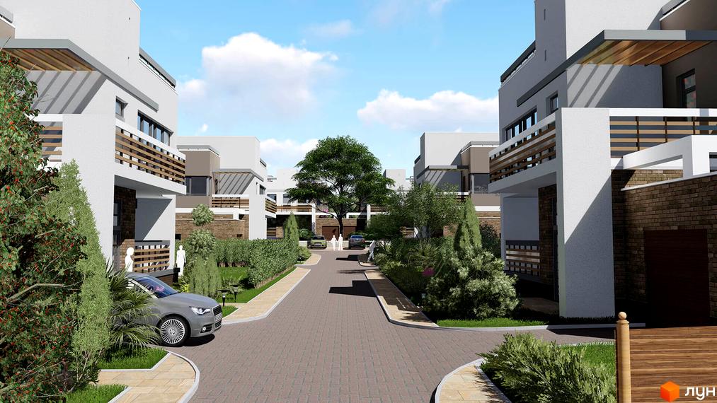 Зображення житлового комплексу Lisopotik village. Білі будинки з дерев'яними елементами на фасаді. Доглянута прибудинкова територія з зеленими насадженнями та бруківкою.