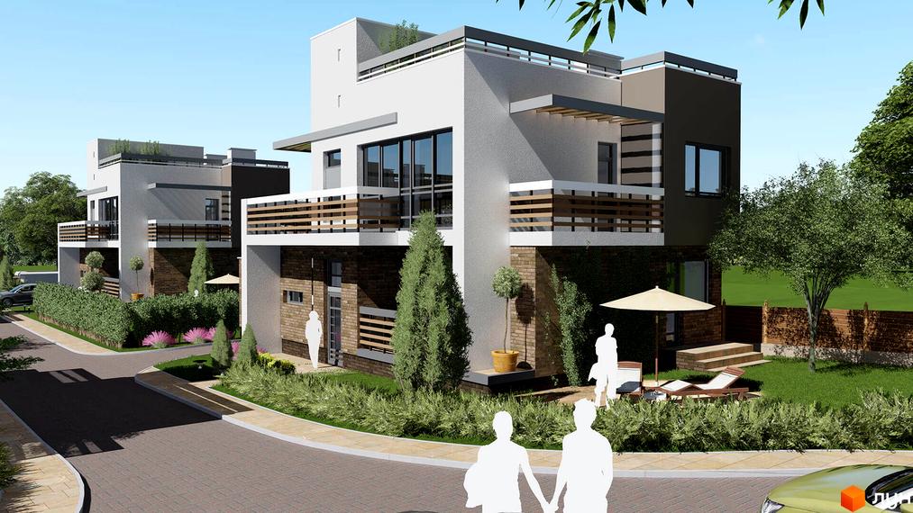 Зображення житлового будинку в Котеджному містечку Lisopotik village. На фото видно фасад будинку з балконом та прибудинкову територію з газоном та рослинами.