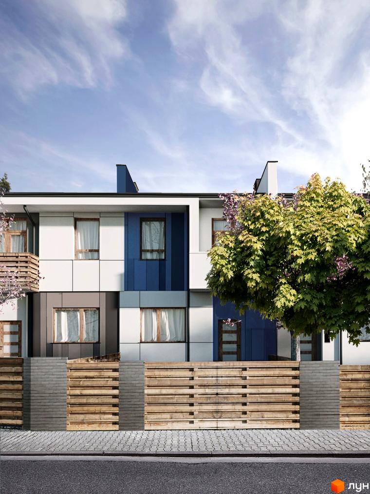 Котеджне містечко Палітра: фасади будинків з білими та синіми елементами, дерев'яний паркан та бруківка. Фото новобудови.