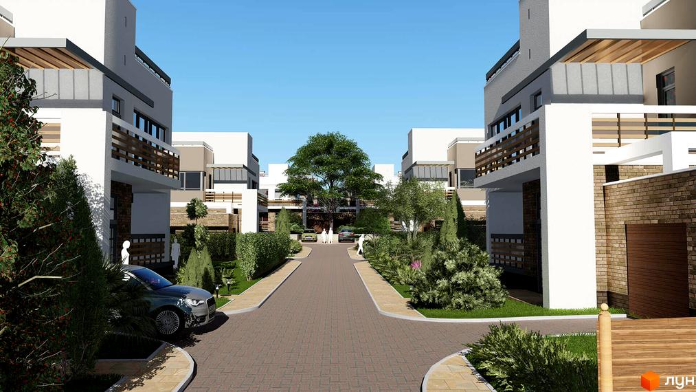 Зображення житлового комплексу Lisopotik village. На фото видно будинки з білими фасадами та терасами, а також доглянуту прибудинкову територію з зеленими насадженнями та доріжками.