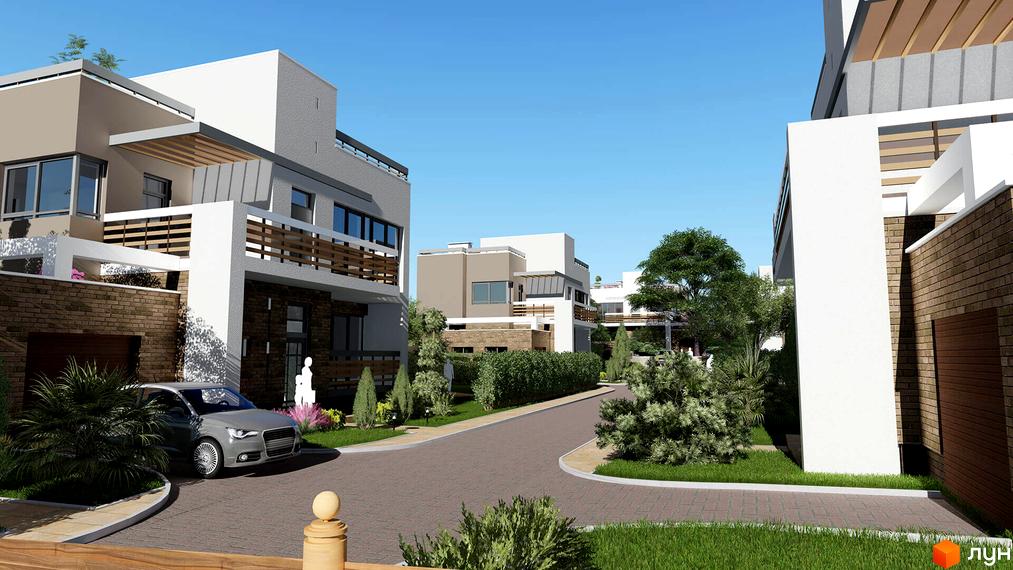 Зображення житлового комплексу КМ Lisopotik village. На фото видно будинки з білими фасадами та коричневою цегляною кладкою. На прибудинковій території є зелені насадження та бруківка.