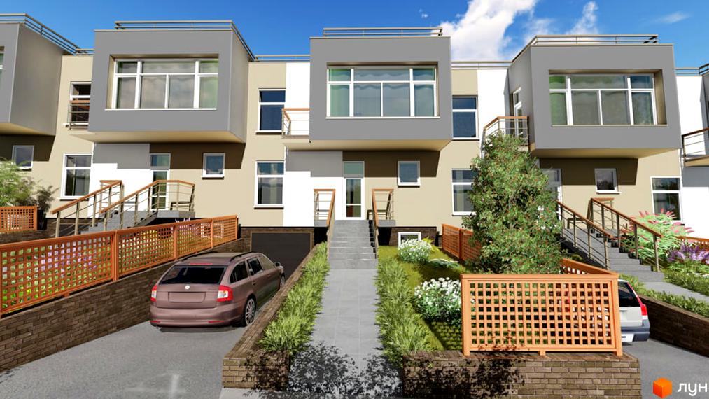 Зображення сторінки житлового комплексу. Таунхауси „Орлине“ з фасадами у світлих тонах, великими вікнами та сходами до входу. На прибудинковій території є доріжки, зелені насадження та парковка.