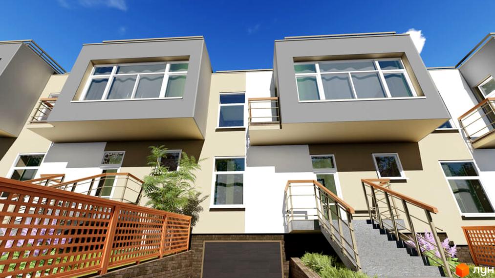 Зображення сторінки житлового комплексу таунхаусів „Орлине“. На фото видно фасади будинків з великими вікнами та балконами. На прибудинковій території розташовані сходи та декоративні огорожі.