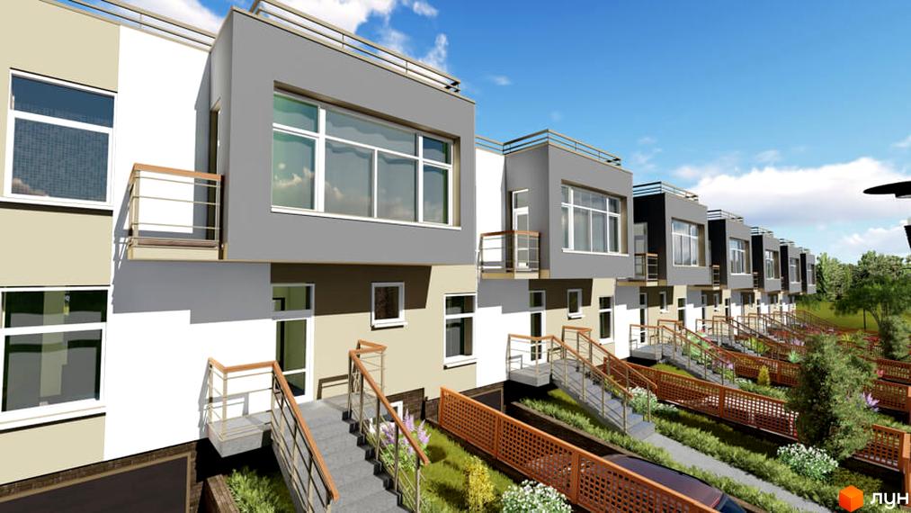 Зображення житлового комплексу таунхаусів «Орлине». На фото видно будинки з великими вікнами та балконами. На прибудинковій території розташовані сходи та зелені насадження.