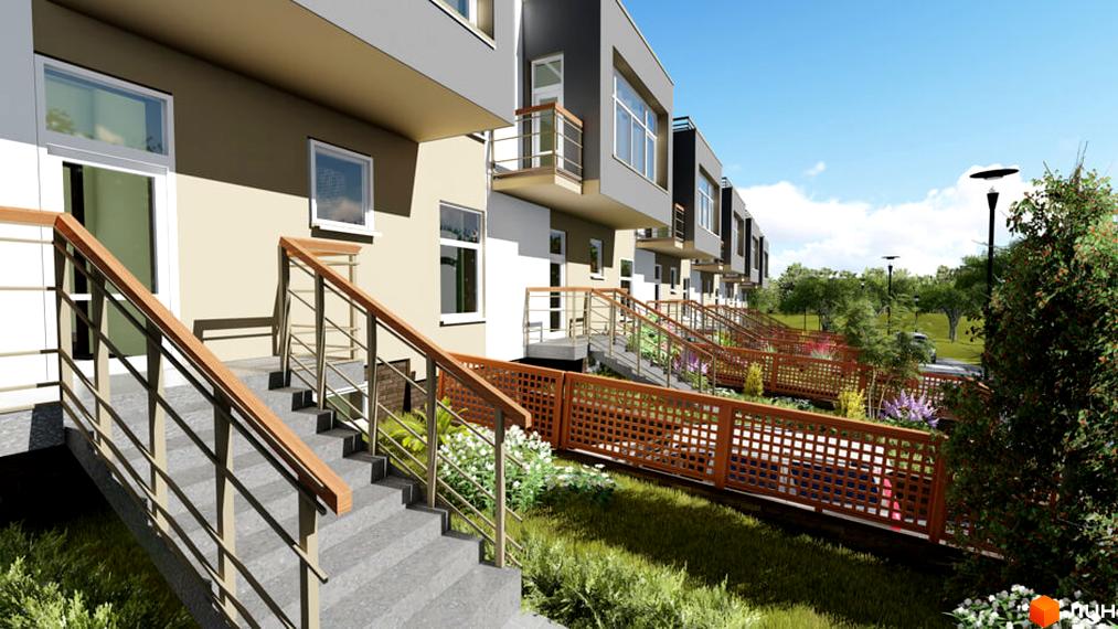 Зображення фасаду таунхаусів житлового комплексу „Орлине“ з терасами, сходами та огородженнями. На прибудинковій території газон, квіти та дерева.