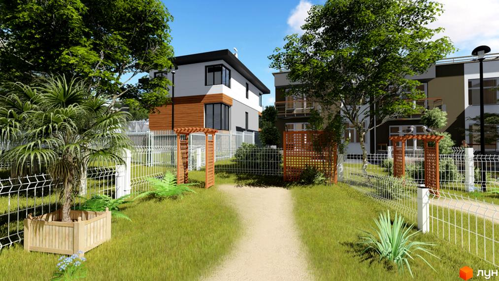 Двоповерхові будинки з оздобленням з дерева та світлим фасадом. На території є доріжка, зелена трава, дерева та білий паркан.