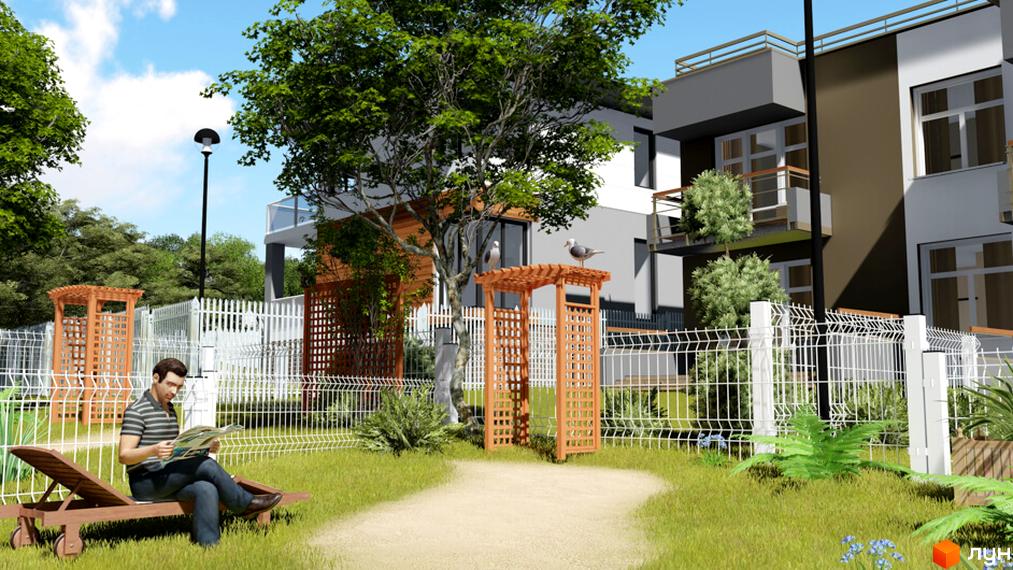 Зображення житлового комплексу з будинками та доглянутою прибудинковою територією. На передньому плані чоловік читає газету на шезлонгу.