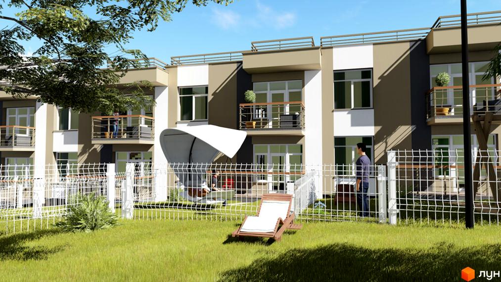 Зображення житлового комплексу таунхаусів „Орлине“. На передньому плані зелена галявина з білим парканом, на задньому - двоповерхові будинки з балконами.