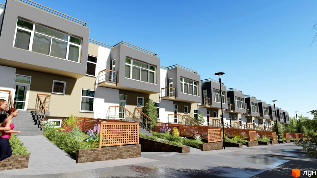 Житловий комплекс «Орлине». Ряд двоповерхових таунхаусів з великими вікнами та балконами. На прибудинковій території є доріжки, зелені насадження та декоративні огорожі.