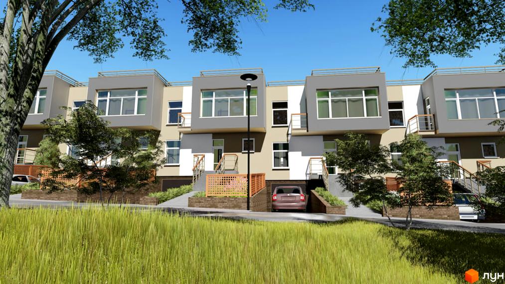 Зображення житлового комплексу таунхаусів „Орлине“. Будинки з сірими дахами та великими вікнами. Перед будинками газон та дерева.