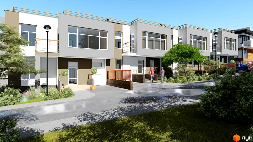 Зображення сторінки житлового комплексу таунхаусів „Орлине“. На фото зображені будинки з великими вікнами та терасами, а також прибудинкова територія з зеленими насадженнями та парковкою.