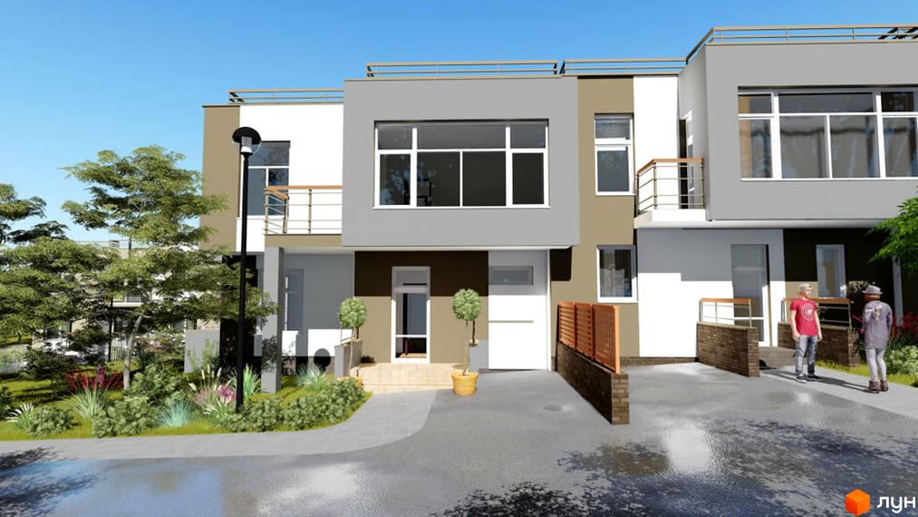 Зображення фасаду таунхаусів „Орлине“. На передньому плані асфальтований підʼїзд, газон з рослинами. На задньому плані будівлі з великими вікнами та балконами.