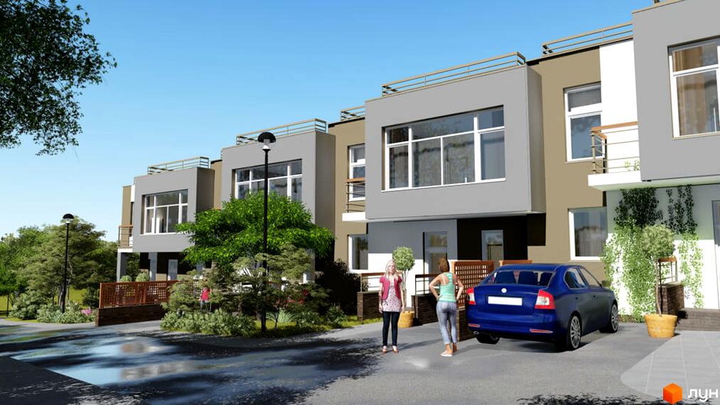 Зображення будинку житлового комплексу. Фасад будинку виконано в сірих та коричневих тонах. На території є зелені насадження, ліхтарі та припаркований синій автомобіль.