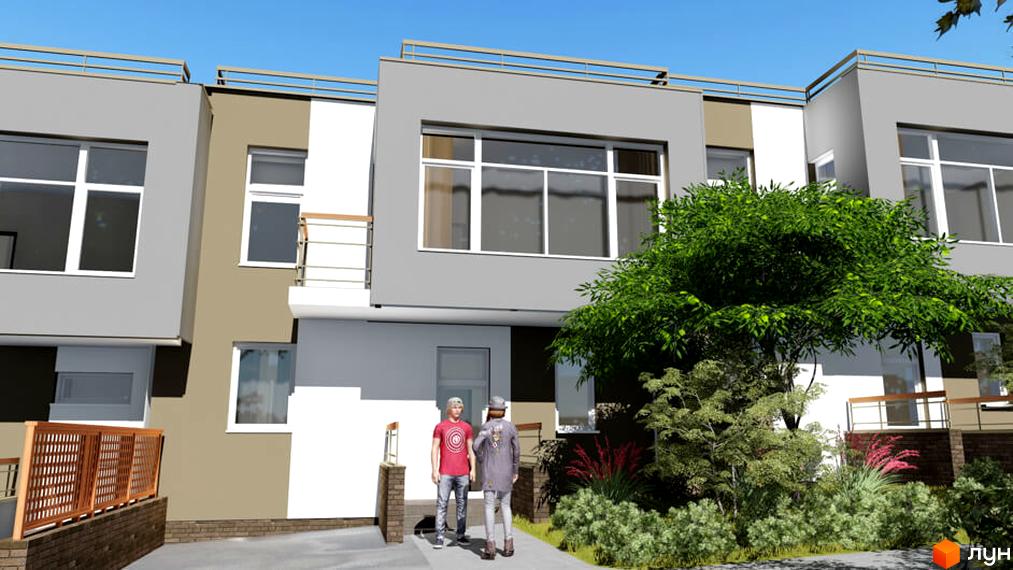 Зображення сторінки житлового комплексу. На фото зображені таунхауси з великими вікнами та балконами. На прибудинковій території багато зелені.