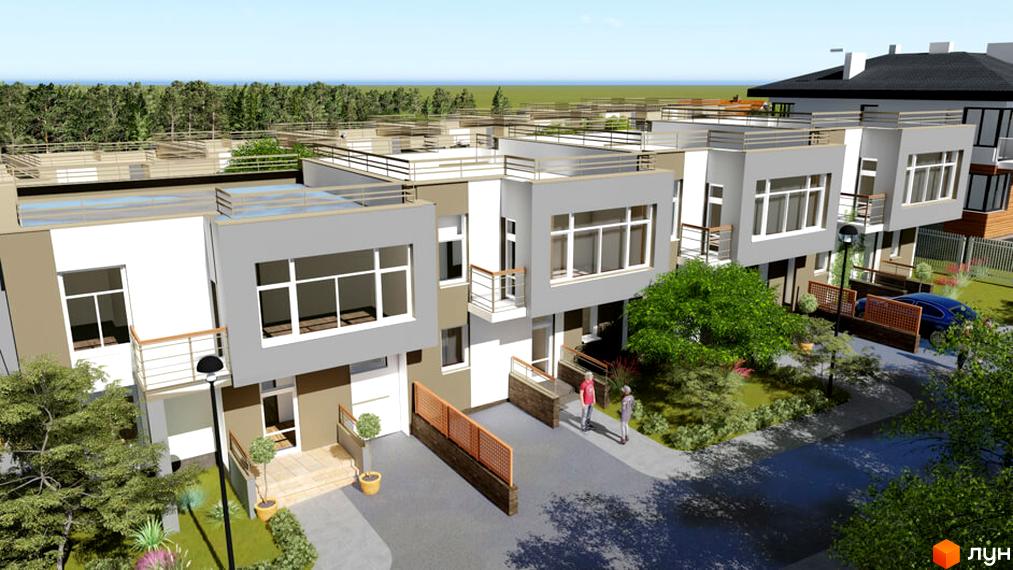 Зображення житлового комплексу таунхаусів „Орлине“. На фото видно будівлі з великими вікнами та балконами. На прибудинковій території є зелені насадження та парковка.