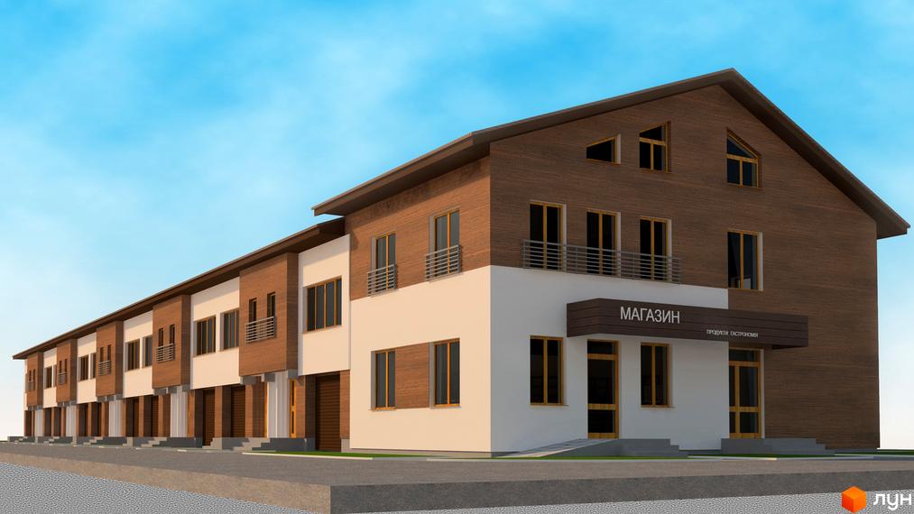 Зображення житлового комплексу. На фото двоповерхові будинки з дерев'яним фасадом та білими стінами. На першому поверсі розташований магазин з написом «Магазин».