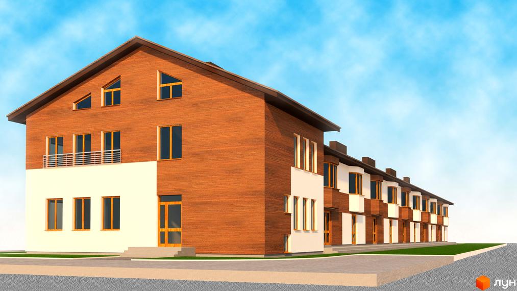 Зображення житлового комплексу таунхаусів „Княжий“. Будинки з коричневим фасадом та білою нижньою частиною. На території є газон та асфальтована дорога.