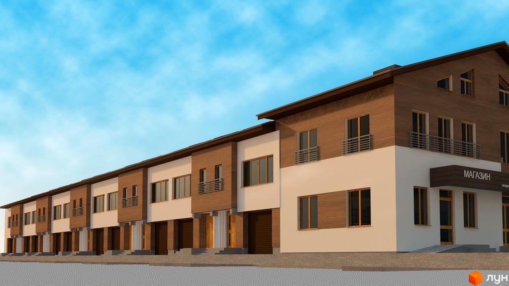 Зображення сторінки житлового комплексу Таунхауси „Княжий“. Комплекс збудований з використанням світлих та коричневих відтінків. На території комплексу є парковка та зелені насадження.