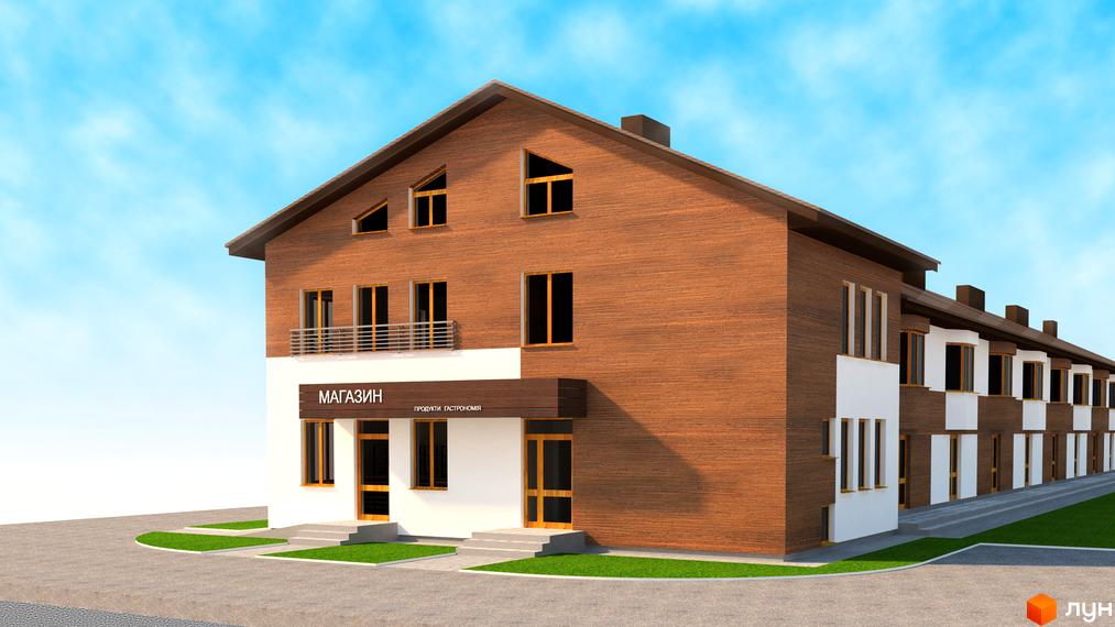 Зображення житлового комплексу. Двоповерхова будівля з дерев'яним фасадом та великими вікнами. Біля будинку доглянута прибудинкова територія з газоном.