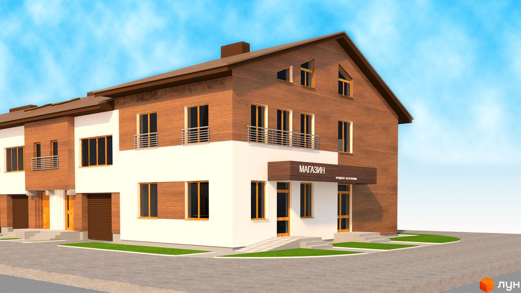 Триповерховий будинок з дерев'яним оздобленням фасаду та балконами. Біля будинку розташована зелена зона та асфальтована дорога.