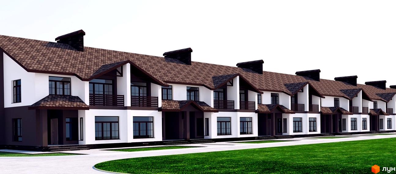 Зображення сторінки житлового комплексу Таунхауси „Княжий“. Ряд двоповерхових будинків з коричневою черепицею на даху та білими стінами. Перед будинками газон та доріжка.