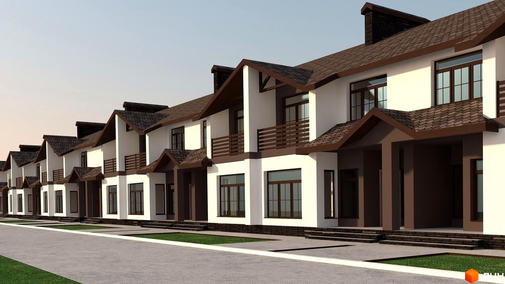 Зображення таунхаусів Княжий. Білі будинки з коричневими дахами та оздобленням. Перед будинками асфальтована дорога та зелена зона.