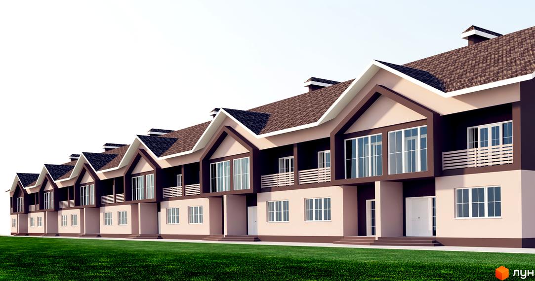 Зображення сторінки житлового комплексу Таунхауси „Княжий“. Будинки з коричневою покрівлею та великими вікнами, перед будинками зелена трава.
