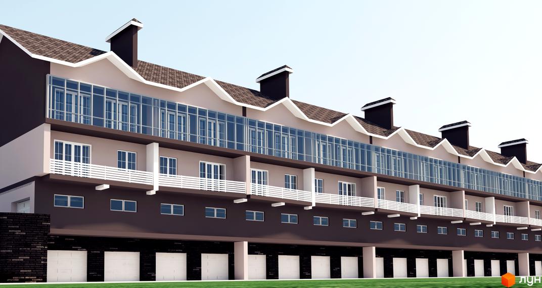 Зображення житлового комплексу таунхаусів „Княжий“. Будинок виконано в світлих тонах з великими вікнами та балконами. На першому поверсі розташовані гаражі.