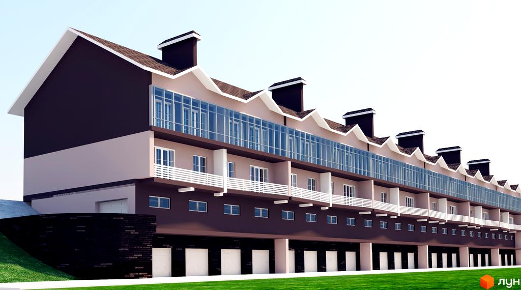 Зображення фасаду таунхаусів Княжий. Житловий комплекс з багаторівневими будинками з панорамним склінням та балконами. Перед будинками зелена галявина.