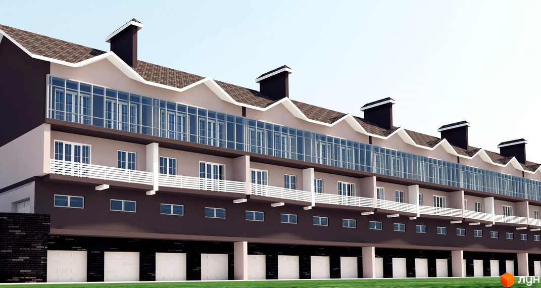 Зображення фасаду таунхаусів Княжий. На передньому плані видно гаражі, над якими розташовані житлові поверхи з балконами.