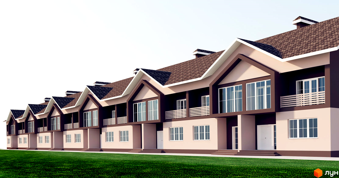 Зображення житлового комплексу таунхаусів „Княжий“: ряд двоповерхових будинків з коричневими дахами та великими вікнами. Перед будинками зелена галявина.