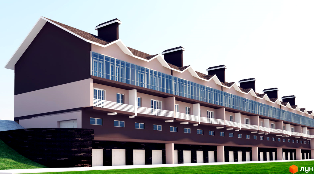 Зображення житлового комплексу таунхаусів „Княжий“. Триповерхові будинки з панорамними вікнами та балконами. Територія перед будинками з газоном.