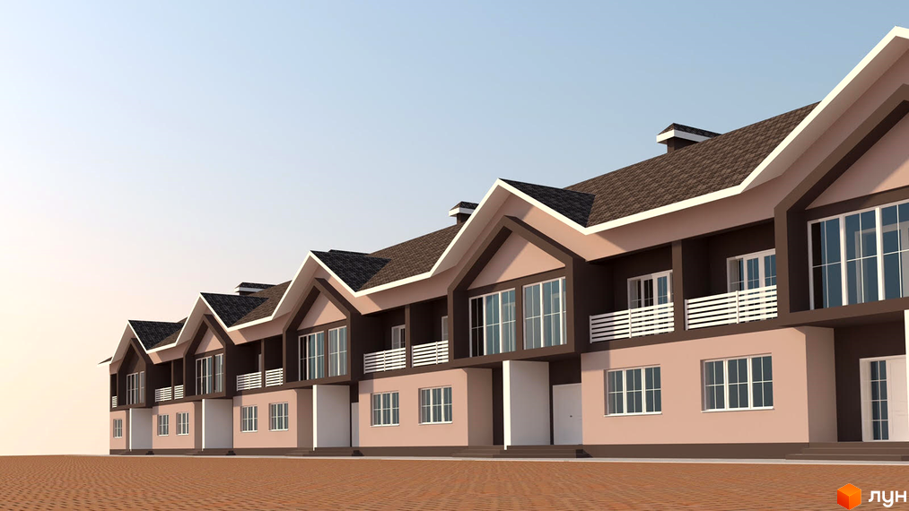 Зображення житлового комплексу таунхаусів. Будинки з коричневою покрівлею та світлими стінами, з великими вікнами та балконами. На передньому плані – бруківка.