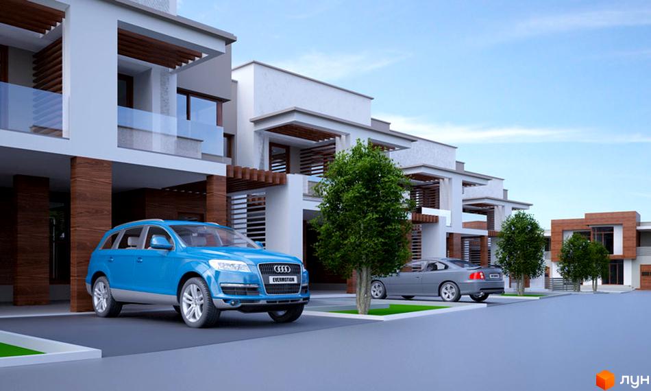 Зображення житлового комплексу GreenVille. На фото видно білі будинки з дерев'яними колонами та балконами. На території комплексу є зелені насадження та парковка для автомобілів.