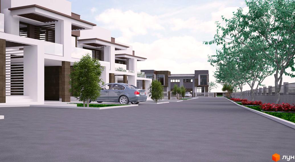 Зображення житлового комплексу GreenVille. На фото видно сучасні таунхауси з білими фасадами та великими вікнами. На прибудинковій території є парковка та зелені насадження.