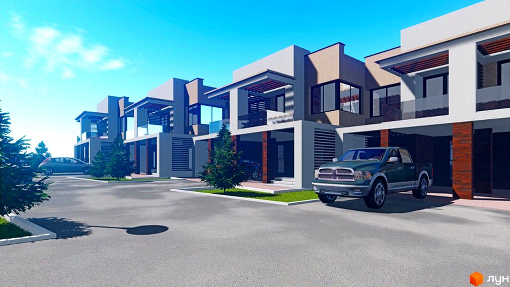 Зображення житлового комплексу GreenVille. На фото видно ряд таунхаусів з гаражами та автомобілем. На території комплексу є дерева та асфальтована дорога.