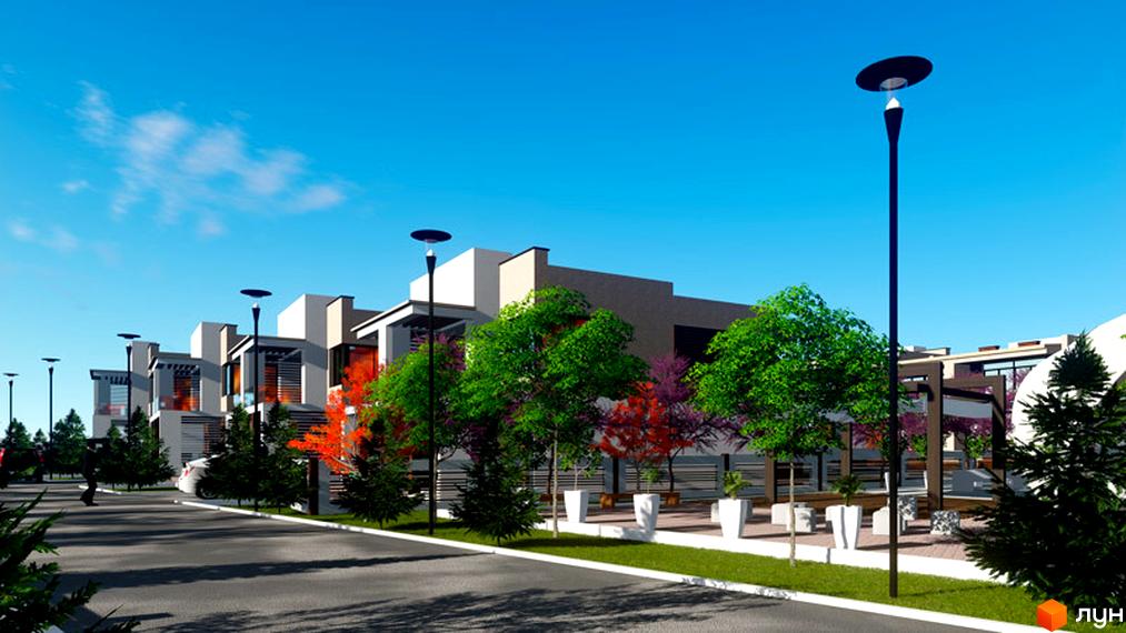 Зображення житлового комплексу GreenVille з таунхаусами. На фото видно будинки з сучасним дизайном та доглянуту прибудинкову територію з деревами та ліхтарями.