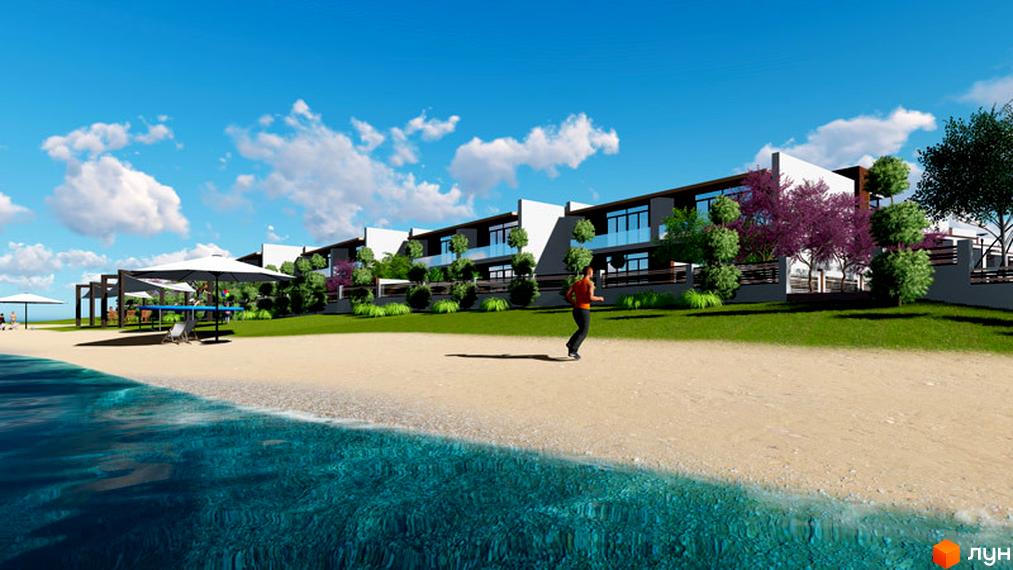 Зображення житлового комплексу GreenVille. На передньому плані піщаний пляж та блакитна вода. На задньому плані розташовані будинки з терасами та зеленою прибудинковою територією.