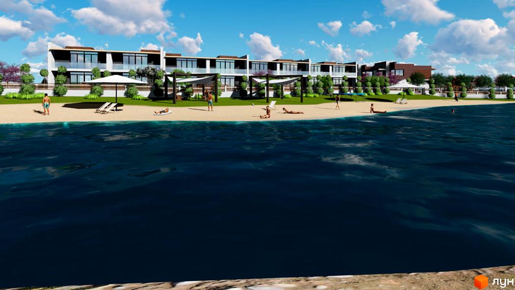 Зображення житлового комплексу GreenVille на березі моря. На передньому плані вода, на задньому - будівлі з балконами та терасами, пляж з шезлонгами та парасольками.