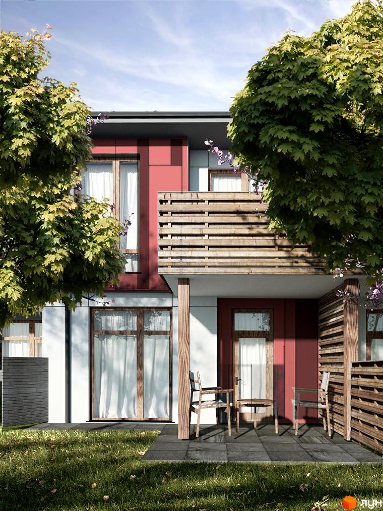 Котеджне містечко Палітра: фасад будинку з червоними вставками, дерев'яним балконом та вікнами. Навколо зелена трава та дерева.