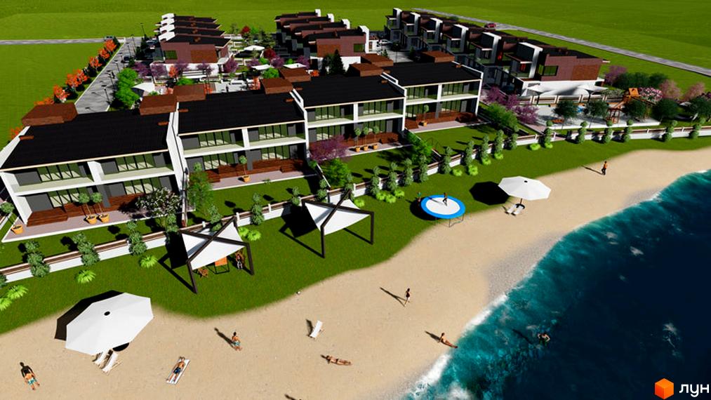 Триповерхові таунхауси GreenVille з чорним дахом та білим фасадом. На території комплексу є пляж, батут, альтанки та зелені насадження.