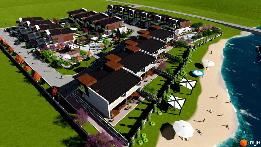 Зображення житлового комплексу GreenVille. На фото видно таунхауси з темними дахами та білими фасадами, розташовані біля пляжу з шезлонгами та парасольками.