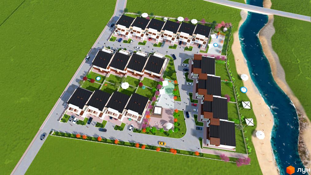 Житловий комплекс GreenVille. Малоповерхові будинки з темними дахами та білими фасадами. На території комплексу є зелені зони, парковка та дитячий майданчик.